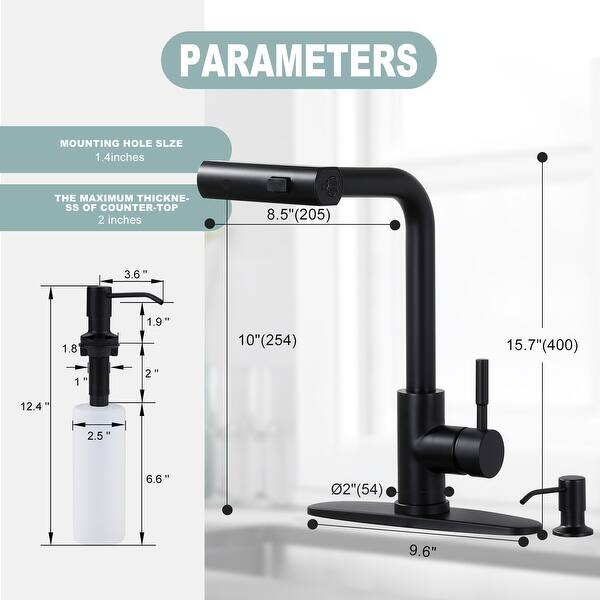 dimension image slide 9 of 10, WOWOW Single Handle Waterfall Pull Down Sprayer Kitchen Faucet
