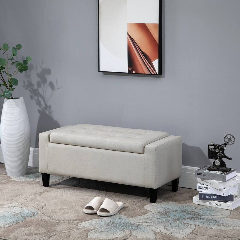 HOMCOM Ottoman Bench Tufted Storage Chest with Flipping Top, 36.25"W x 15.75"D x 15.75"H - Beige Linen