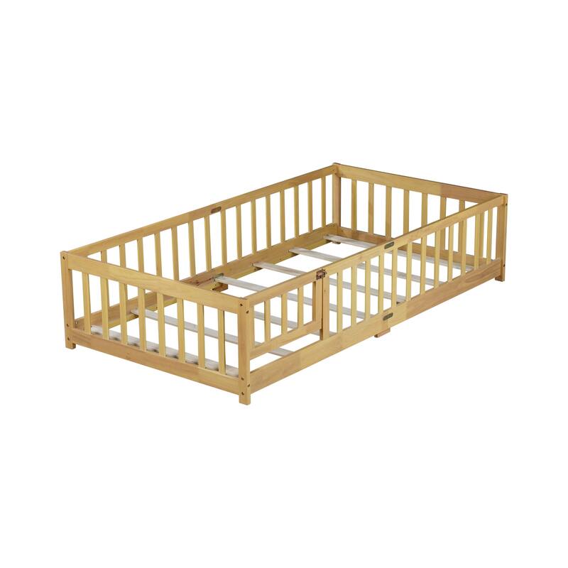 Roomfitters Twin/Full/Queen Rubber Wood Floor Bed with Fence and Swing Door, Safety Guardrails, Low Profile Design