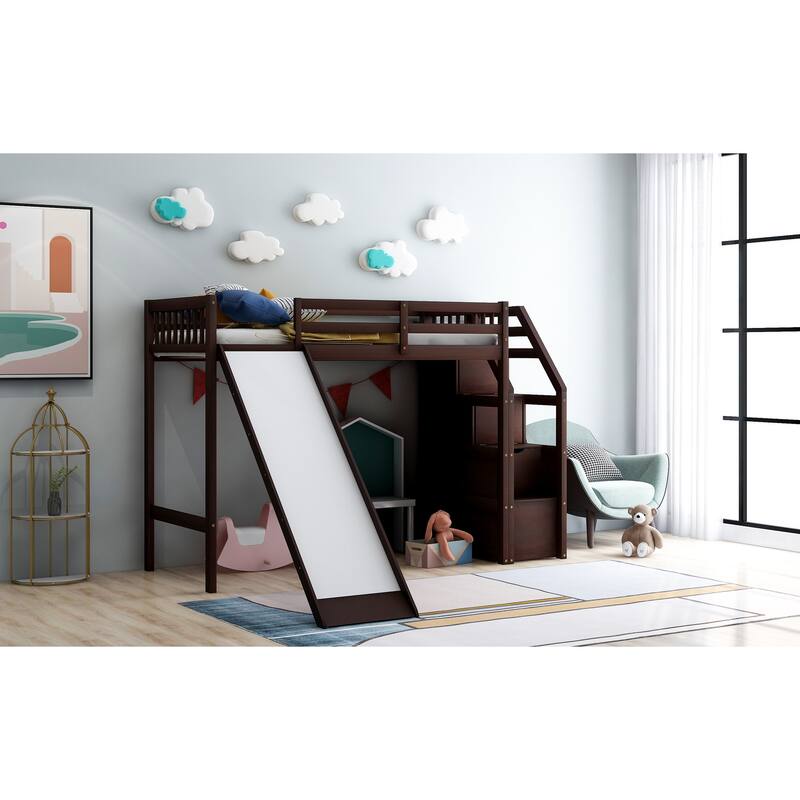 Twin Size Loft Bed, with Storage Stair and Widen Slide, Pine Wood Bed