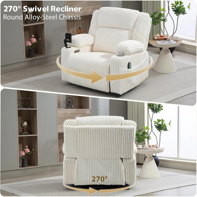 270° Swivel Velvet Recliner, Extra Wide Power Recliner Chair w/Heat Massage - USB & Type C Charging Port