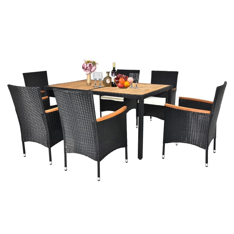 Outdoor 7-Piece Wicker and Acacia Wood Dining Set with Beige Cushion - Black