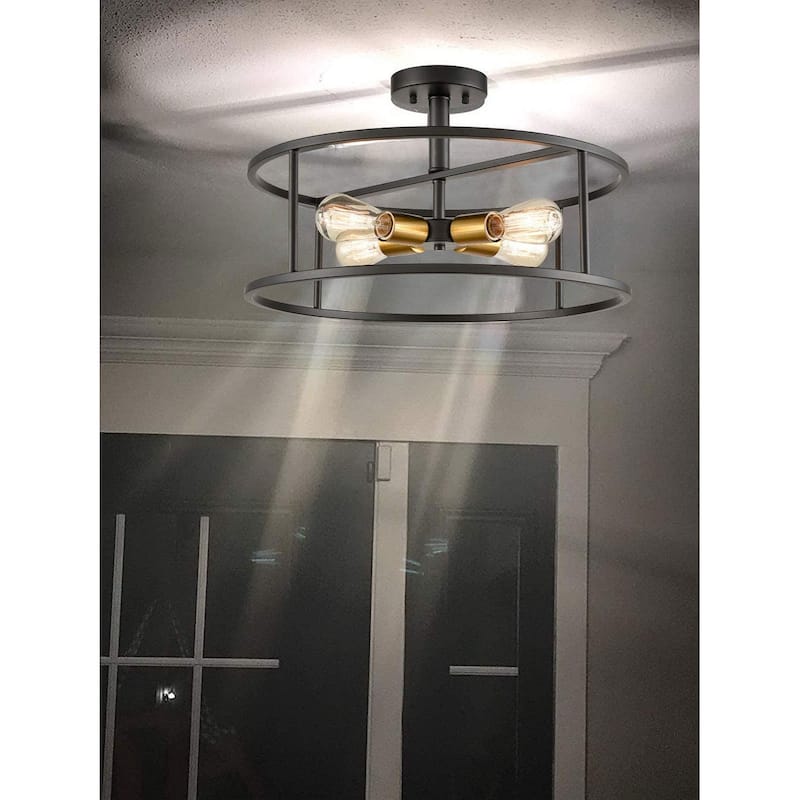 Ferrazoli Industrial Black & Brass Metal Drum Cage Semi Flush Ceiling Light