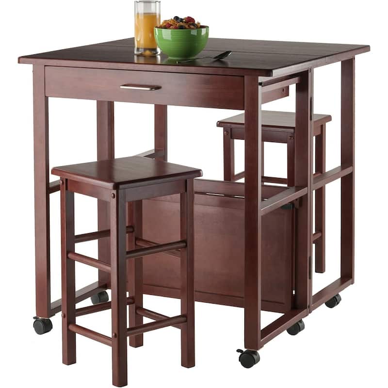 Drop Leaf Dining Set - Rolling Kitchen Table with Stools - Compact Space Saver - Engineered Wood Finish