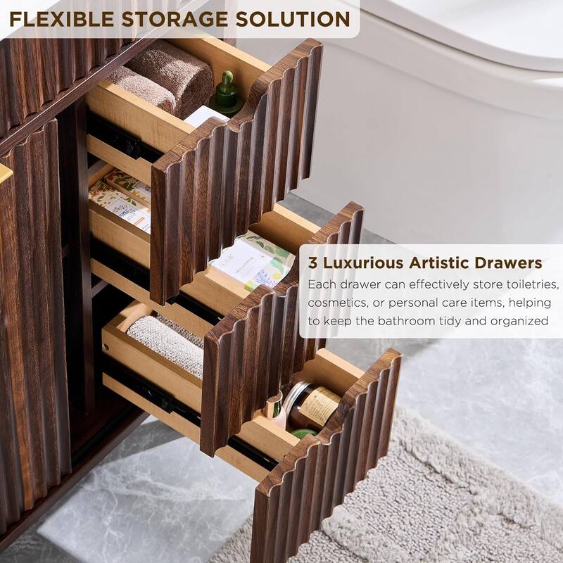 24" Fluted Bathroom Vanity with Ceramic Sink, Modern Bathroom Cabinet