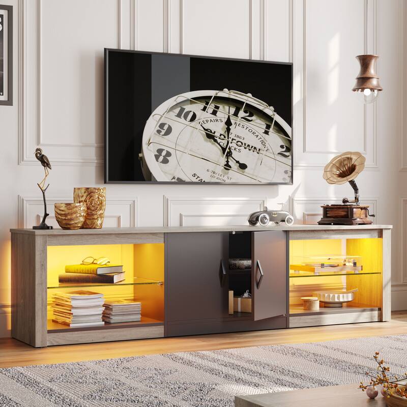70 inch TV Stand 20 Color RGB Light Entertainment Center - Grey Wash