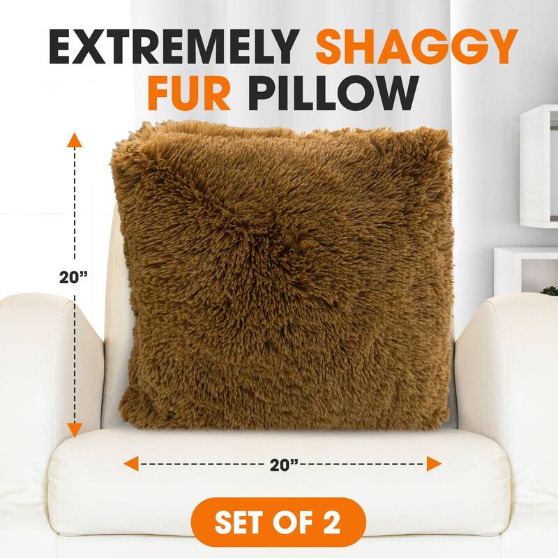 Cheer Collection Super Soft Shaggy Long Hair Throw Pillows Set of 2 Plush Accent Cushions