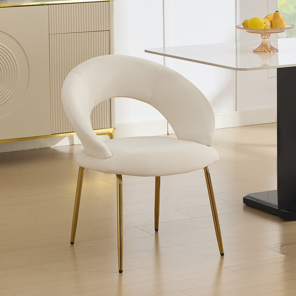 Set of 1 Velvet Fabric Dining Chairs w/ Curved Backrest & Golden Metal Legs for Kitchen or Dining Room - White