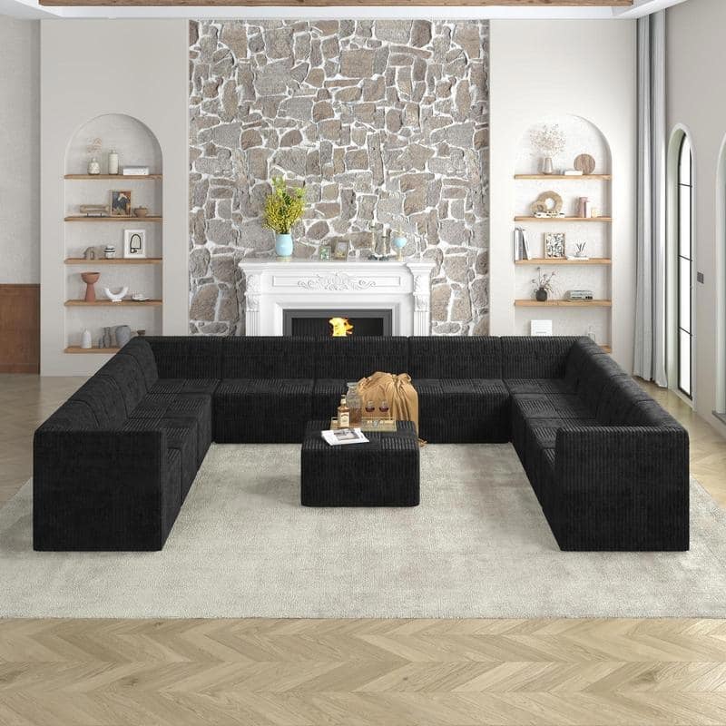 U-Shape Sleeper Sofa,No Tool Modular Corduroy,Space-Saving Living Room - Black-9Seat