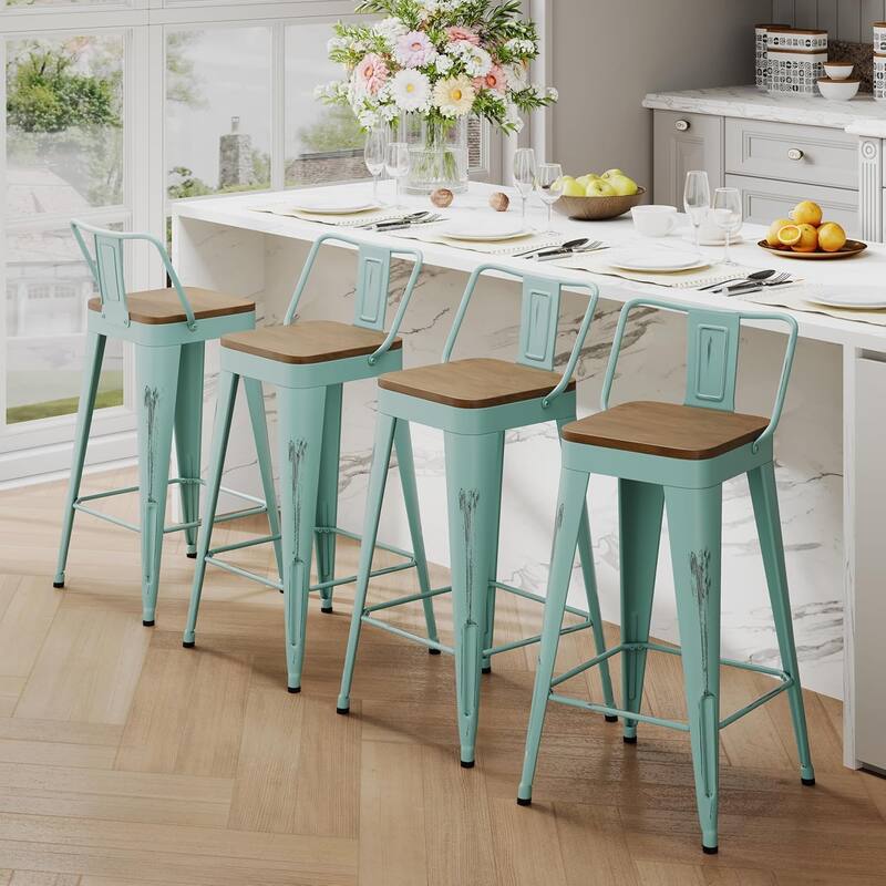 Industrial Style Bar & Counter Stools with Metal Frame Kitchen 26" and 30" Seat Height Stools with Low Back and Wooden Seat - Distressed Blue - Bar Height