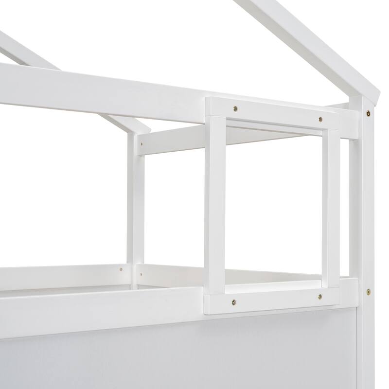 Twin Over Full Bunk Bed with Storage Staircase, Blackboard, and House Design