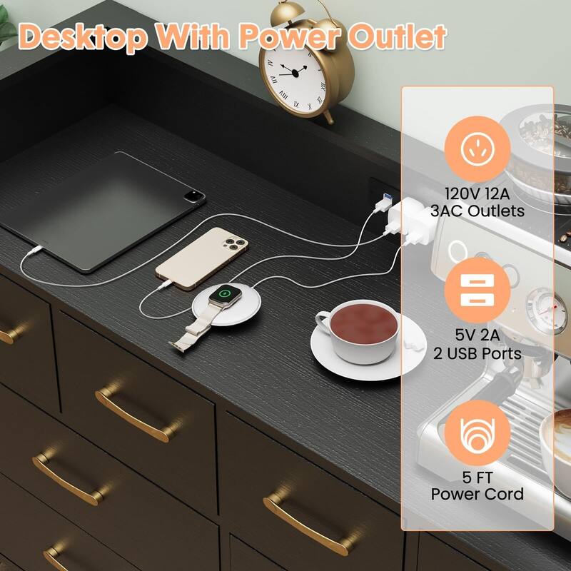 8 Drawer Wood Dresser, with Power Outlet and LED Lights
