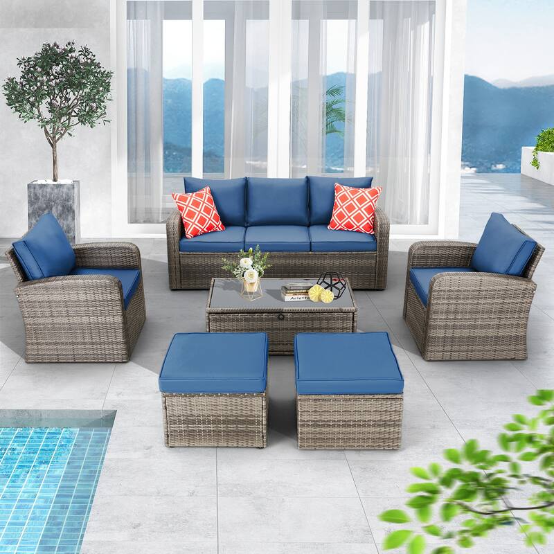 6-Piece Rattan Patio Set with Fire Pit Table, Outdoor Conversation Set with Cushions, Weather-Resistant Sofa Sectional