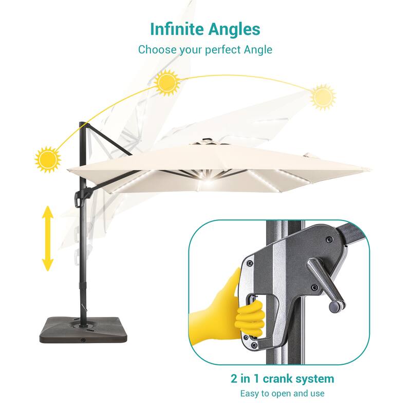 BONOSUKI 10x10FT LED Cantilever Patio Umbrella Angle Adjustment w/Base