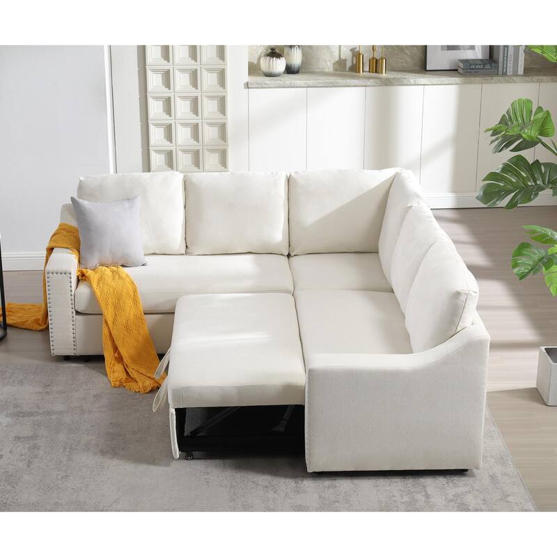 Beige 81.5'' L-Shaped 5 Seater Sectional Sofa with Pull-Out Bed and 6 Pillows, Multifunctional Corner Couch for Living Room