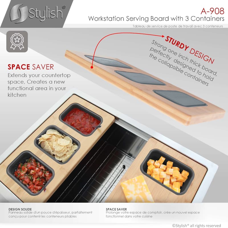 STYLISH 18 inch Over the Sink Divided Serving Board with 3 Collapsible Containers - 16.75" x 8.5"