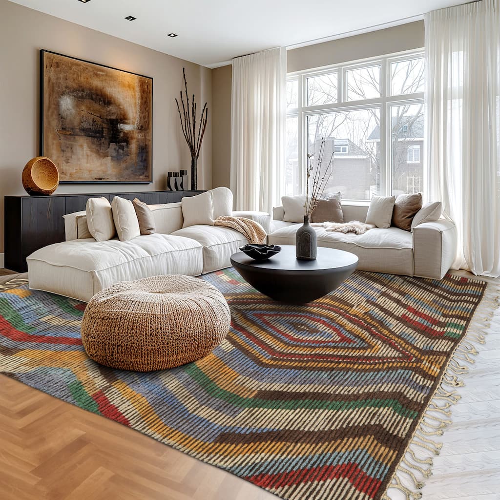 8x10 Tibetano Hand Knotted Wool Ivory Moroccan Modern & Contemporary Boho Rug - 8' x 10'