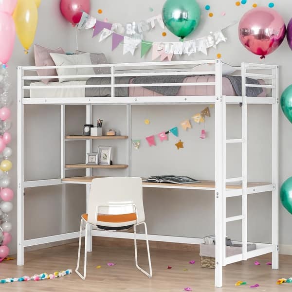 slide 2 of 28, Modern Style Twin Metal Loft Bed with Desk, Shelve, 4-step Ladder and Guardrail, Creative Structure & Good Stability, White White