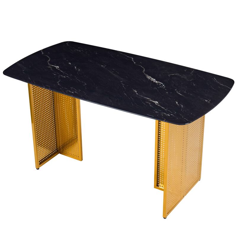 Rectangular Tempered Glass Dining Table for 6, Featuring a Marble-Patterned Design with Golden Hollow-Out Metal Legs