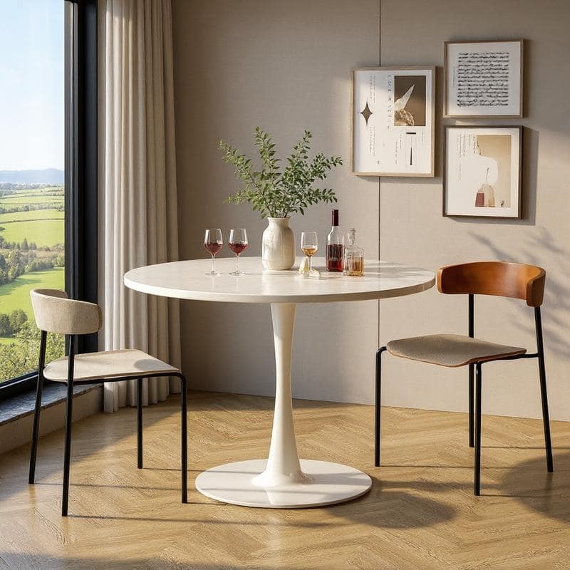 Grondin Mid-Century Modern Round Kitchen or Dining Table with Premium MDF Top and Steel Pedestal Base for Dining Room