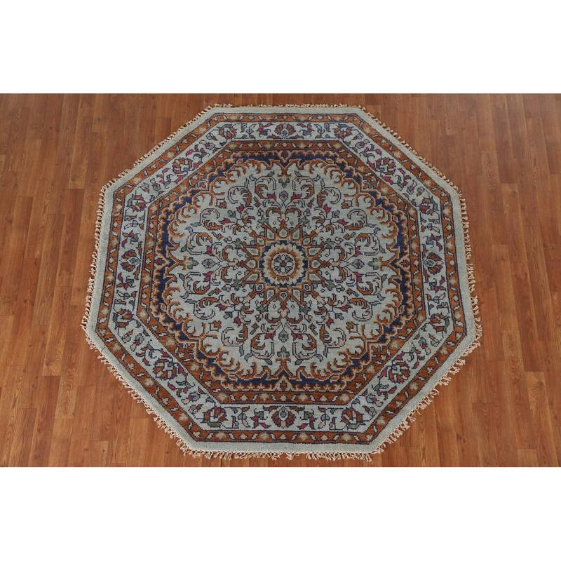 Heriz Serapi Indian Octagon Area Rug Handmade Wool Carpet - 5'11"x 6'1"