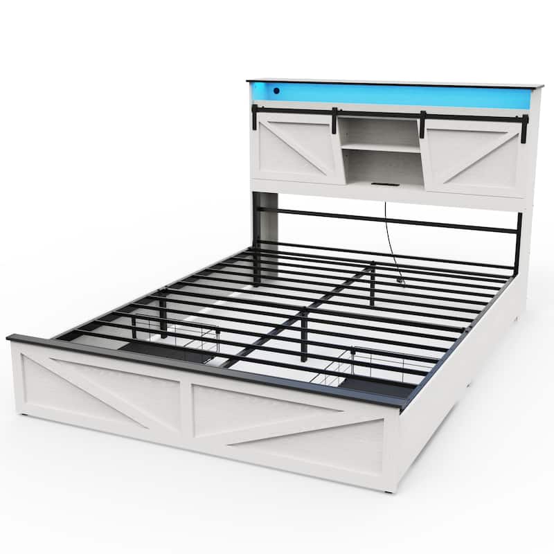 Farmhouse Storage Bed Frame with Storage Headboard, Charging Station and LED Lights, Optional Platform Bed with Drawers