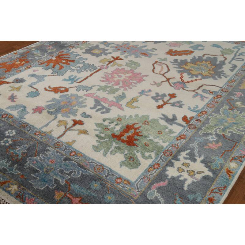 Beige / Ivory Floral Oushak Indian Area Rug Handmade Wool Carpet - 7'10" x 9'11"