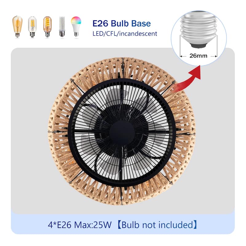 20" Vintage Rope Ceiling Fan Light w/ Remote Control 6 Speed Adjustable Airflow, NOT Included Bulbs