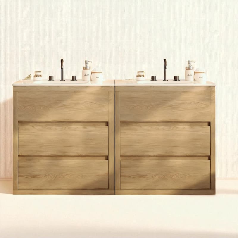 60" Double Sink Bathroom Vanity Set with Two 30" Cabinets, Ceramic Sinks, Soft Close Drawers
