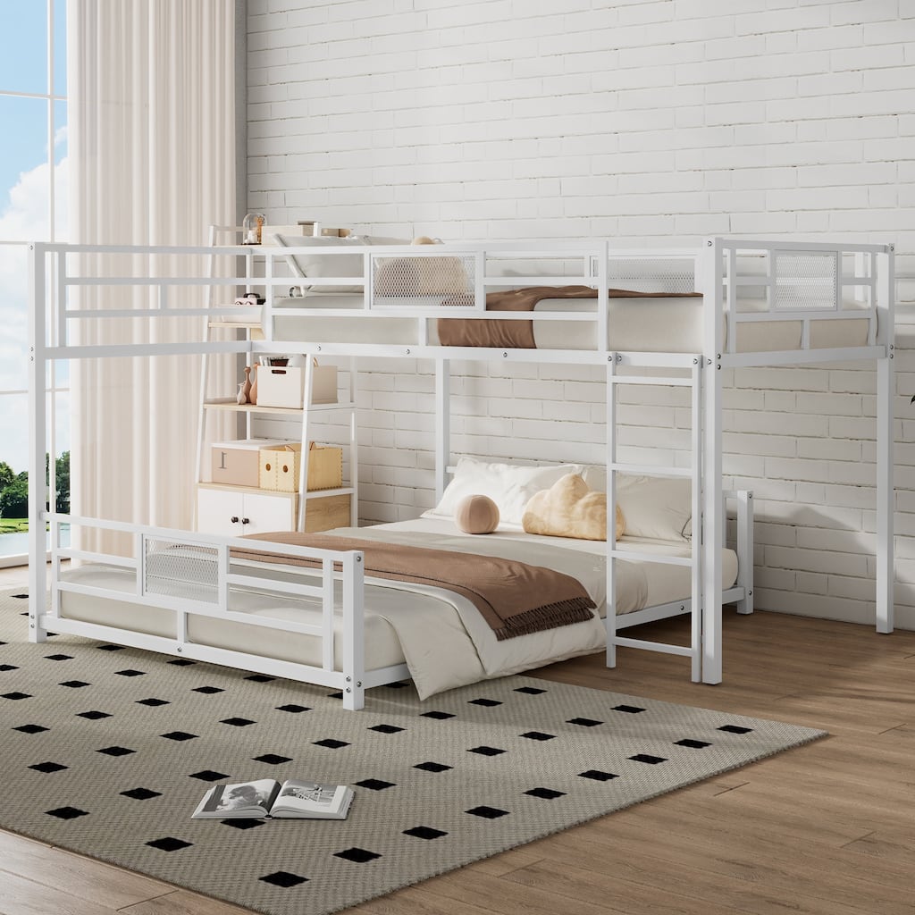 L-Shaped Twin Over Full Metal Bunk Bed in White
