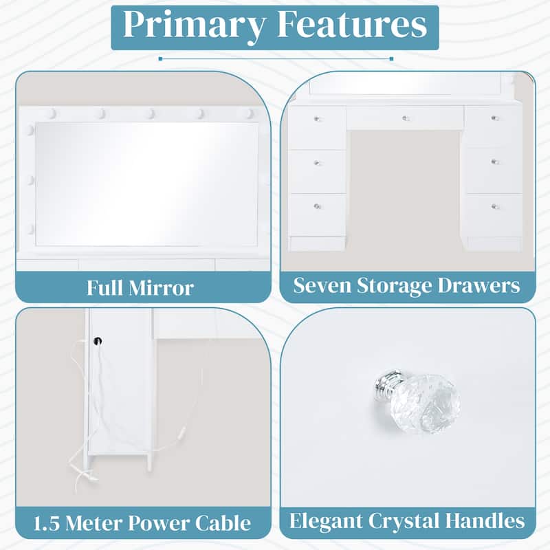 Makeup Vanity Table with 11 Lights, Power Outlet, 7 Drawers & Mirror