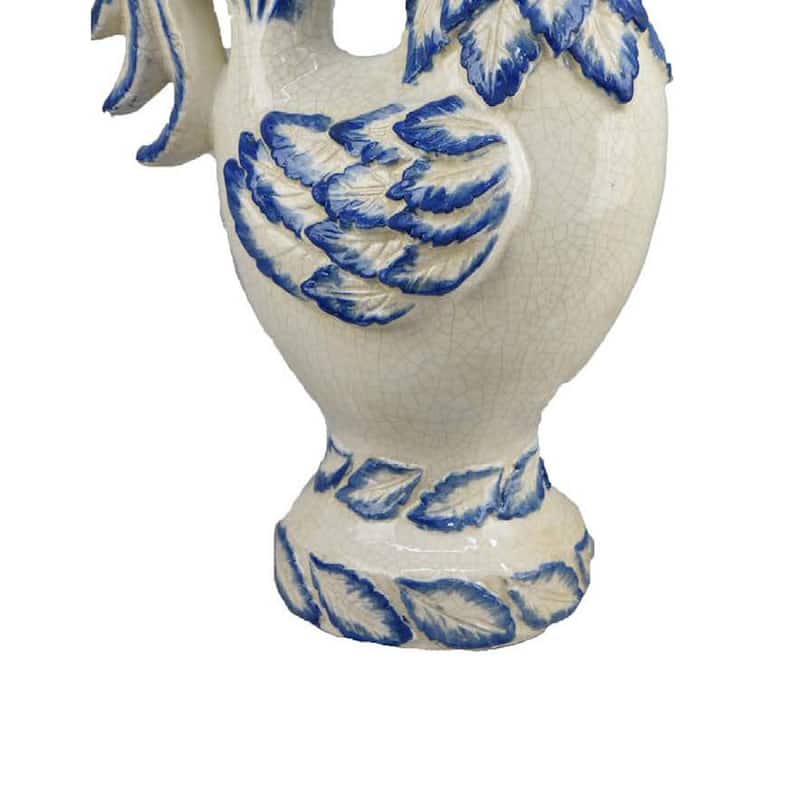 Modern Tabletop Decor Rooster Figurine, 16 Inch Blue White Ceramic