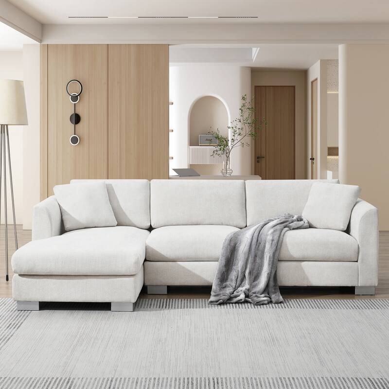 L-Shaped Sectional Sofa with Chaise Lounge, Oversized Chenille Upholstered Sofa, 4 Seater Sofa with 2 Throw Pillows