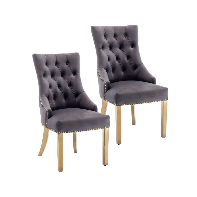 Porthos Home Drew Tufted Velvet Dining Chairs with Gold Chrome Legs, Set of 2 - Grey