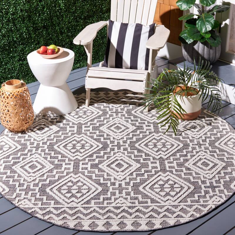 SAFAVIEH Global Janosne Geometric Indoor/ Outdoor Waterproof Patio Backyard - 6'7" x 6'7" Round - Grey/Ivory - Round
