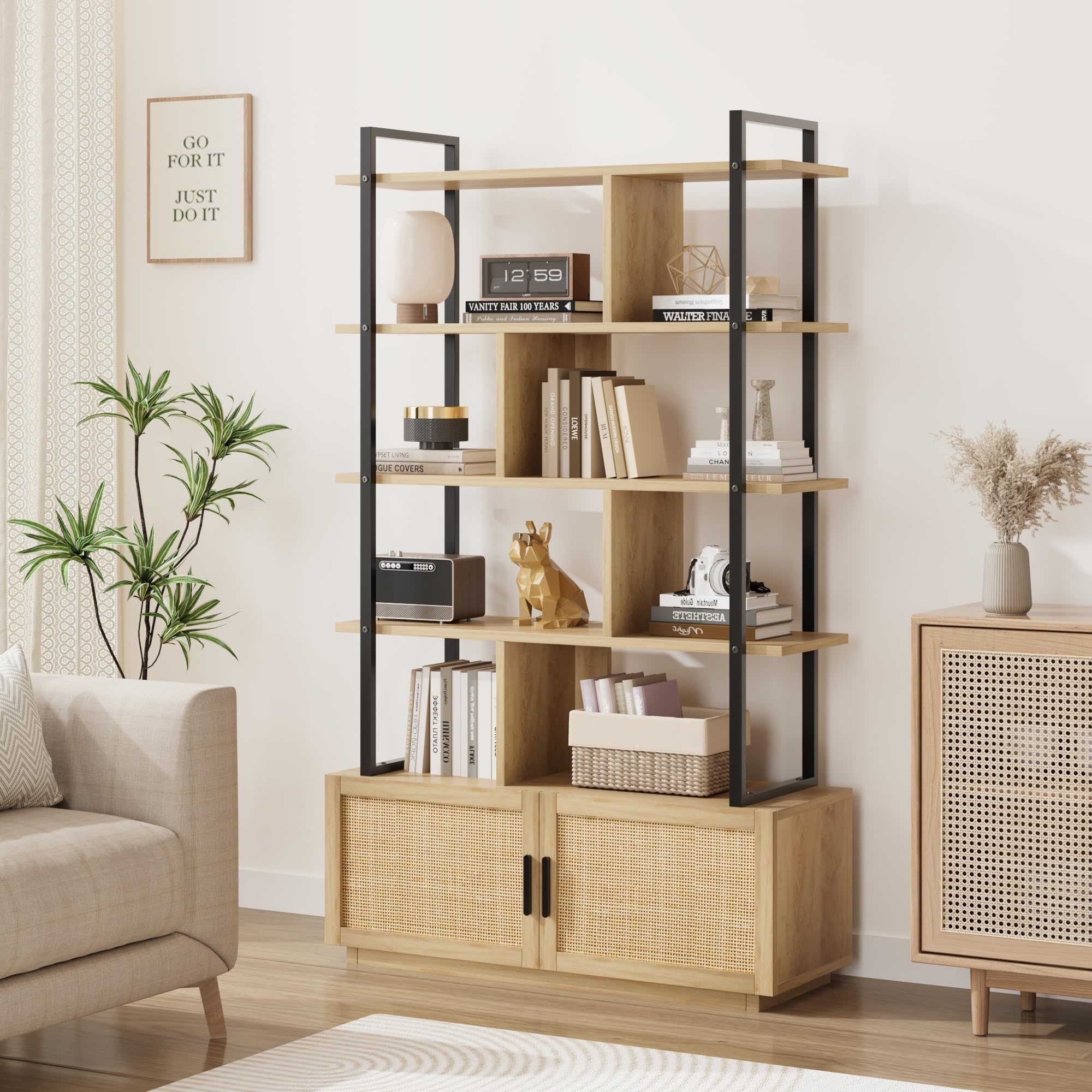 5-Tier Rattan Bookshelf with Storage Cabinet, 71" Industrial Wood & Metal Bookcase with Doors and Open Shelves