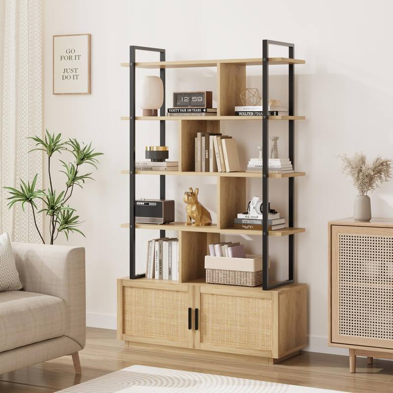 Ail 5 Tier Rattan Bookshelf with Storage Cabinet and door - 43.3"D x 11.8"W x 71.1"H