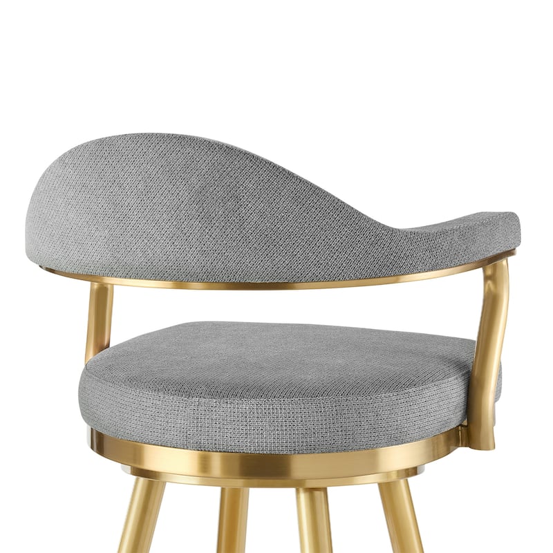 HomeRoots 30" Gray and Gold Fabric and Stainless Steel Low Back Bar Height Swivel Bar Chair