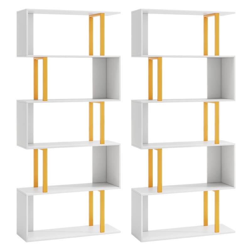 Gymax 2 PCS 5-Tier Geometric Bookcase 62-Inch S-Shaped Bookshelf w/