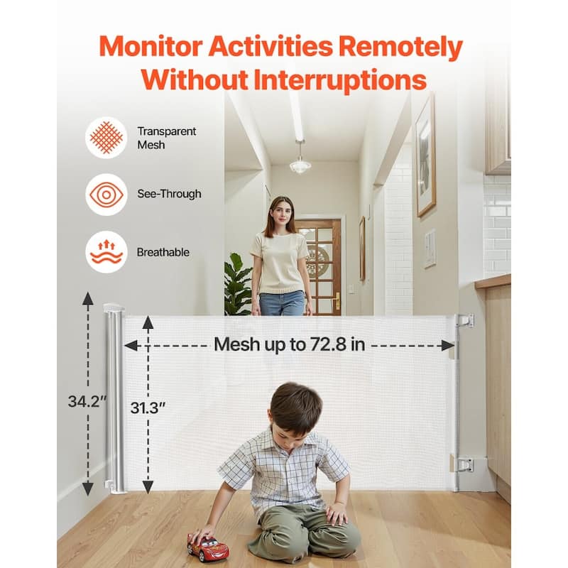 Retractable Baby Gate with Escape-Proof Bottom Hook and Mesh Design for Kids and Pets Safety