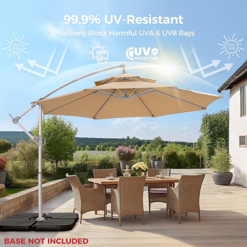 Double Layer 10ft Patio Umbrella with Upgraded Aluminum Frame,Cantilever Hanging Market Umbrella with Base Included