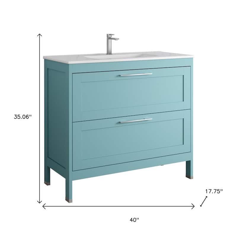 HomeRoots 40" Blue Wood Freestanding Bathroom Vanity With White Sink And Two Drawers - 40.00 in. x 35.06 in. x 17.75 in.