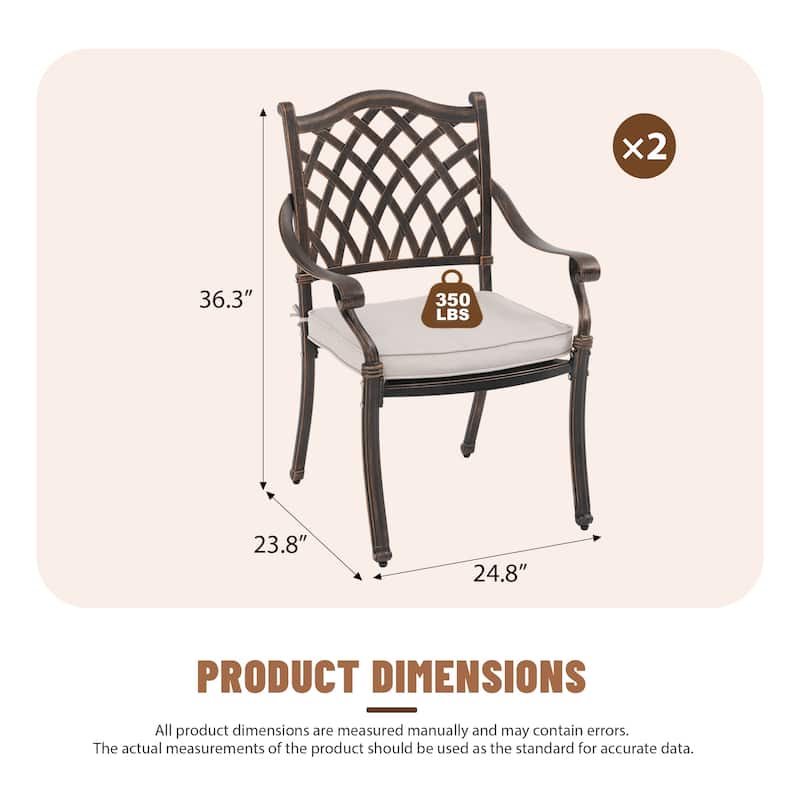 Outdoor Dining Chairs Bronze Cast Aluminum French European Inspired Design with Cushion Set of 2