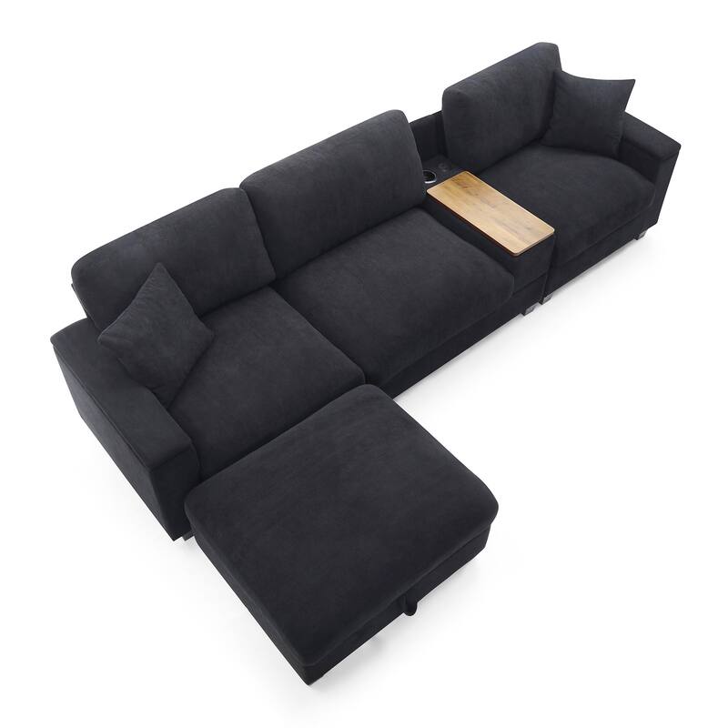 L-Shaped Oversized Couch,Drop Down Table,360-degree Swivel tray,Cup Holders,USB Charger,Storage Ottoman and Armrest