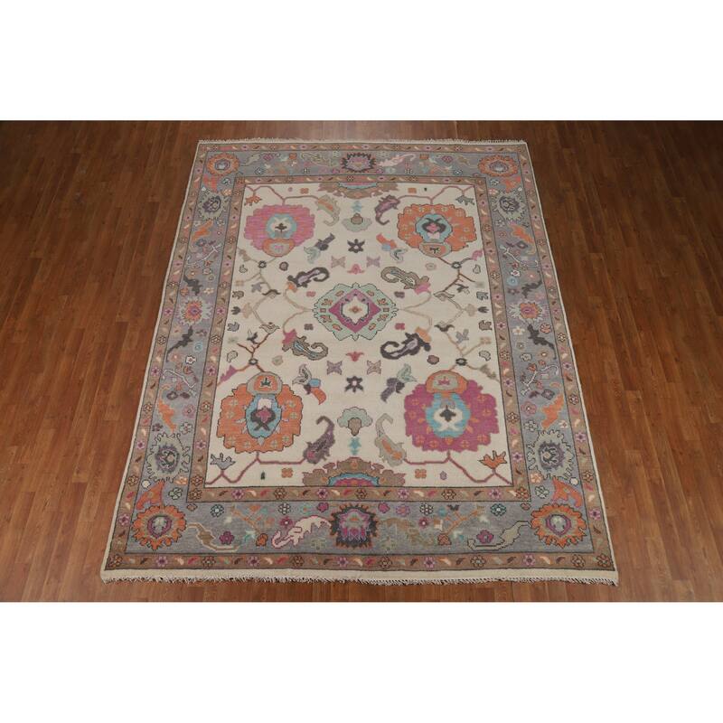 Ivory Floral Oushak Indian Area Rug Handmade Wool Carpet - 7'11" x 10'0"