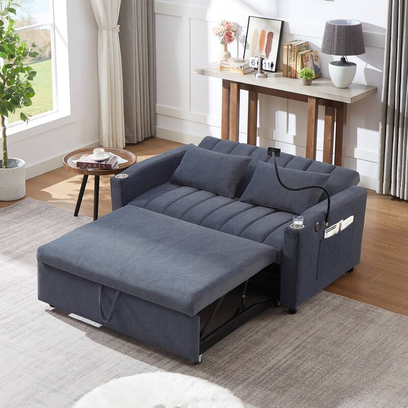 Modern Convertible Sofa Bed with 3 USB Ports, 2 Side Pockets, 2 Cup Holders and Phone Holder for Living Room and Apartment