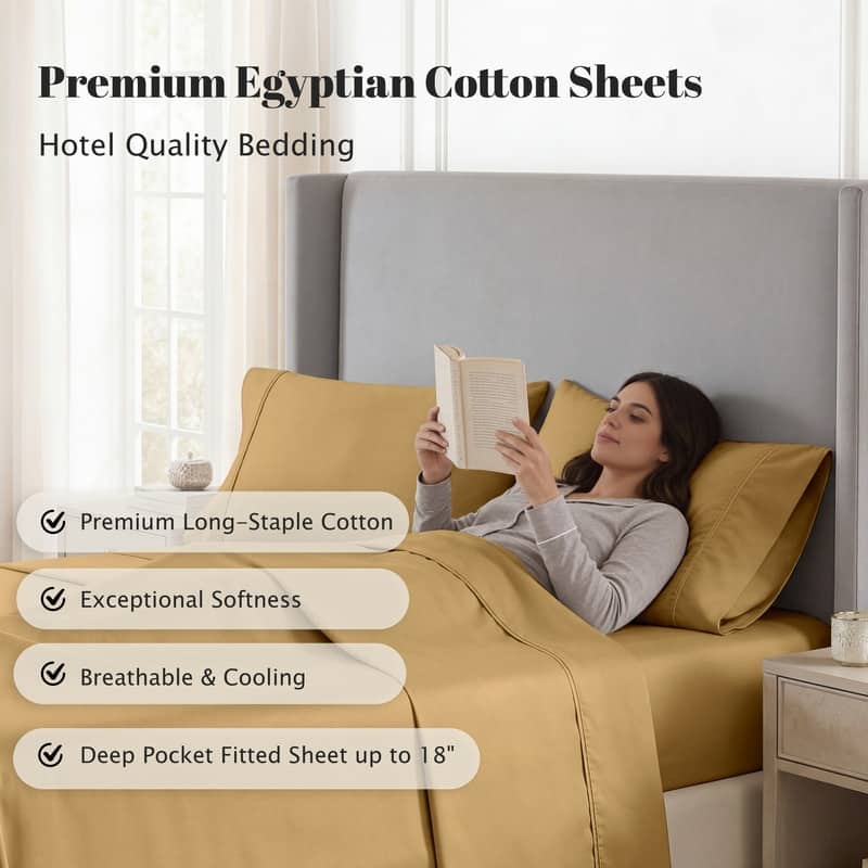 Superior Egyptian Cotton 530 TC Sheet Set Sateen Weave, Deep Pocket, Ultra‑Soft & Breathable Bedding