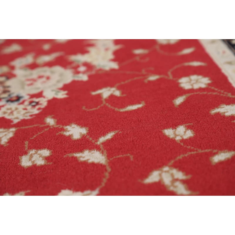 Red Floral Tabriz Chinese Runner Rug Handmade Wool and Silk Carpet - 2'5" x 8'1"