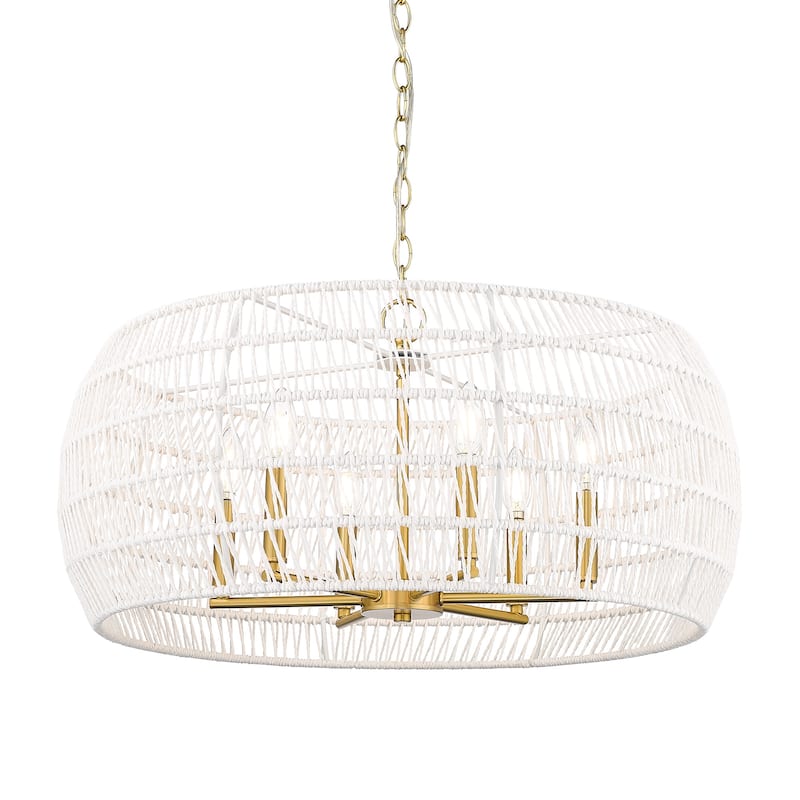 Golden Lighting 6808-6 Ellie 6 Light 28" Wide Drum Chandelier - Modern Brushed Gold / Bleached White Raphia
