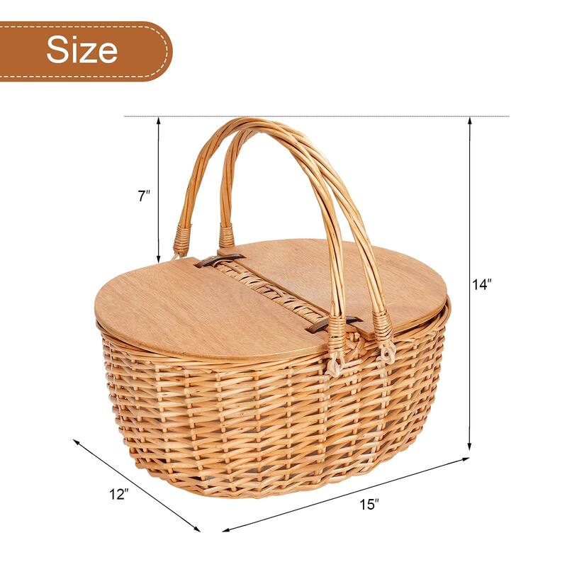 Wicker Picnic Basket with Cooler, Wooden Split Lid Picnic Basket, Vintage-Style Wicker Picnic Hamper with Folding Woven Handle